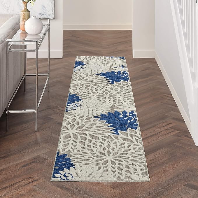 Nourison Home Aloha Ivory Navy 2'3" x 10' Area Rug - Easy Clean, Non Shedding, Bed Room, Living Room, Dining Room, Kitchen (10' Runner)