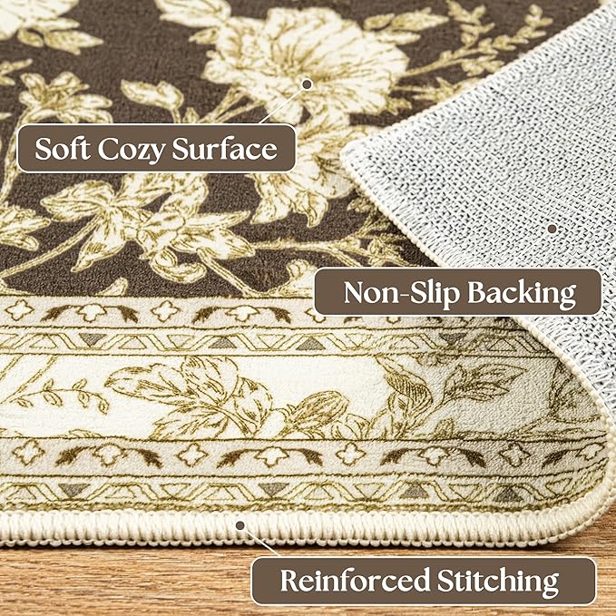Brown Floral Area Rugs 6x9 Living Room, Brown with Cream Beige Flower Design Low-Pile Washable Rugs for Bedroom Dining Room, Vintage Modern Farmhouse Boho Indoor Floor Carpet Kids Playroom
