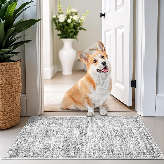 2x3 Rug Non Slip, Small Washable Entryway Rug,Grey | Welcome Mat,Runner for Kitchen,Front Door,Bathroom,Bedroom,Thin Area Rug,Soft Foldable Indoor Carpet,Stain Resistant