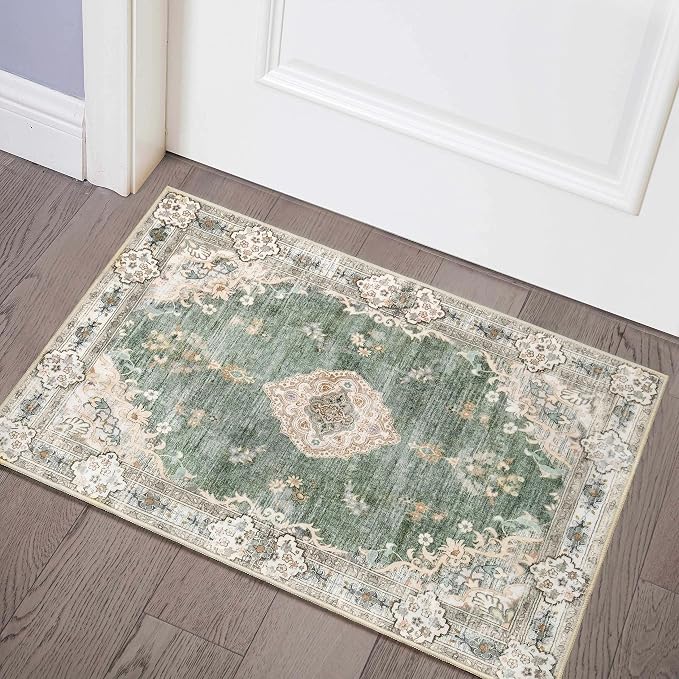 MUJOO Green Area Rug Small Washable Rugs Non Slip Low-Pile 2'x3' Flowers | Machine Washable Throw Carpet for Entryway Kitchen Bathroom Bedroom Boho Soft Indoor Vintage Floral Sage Green