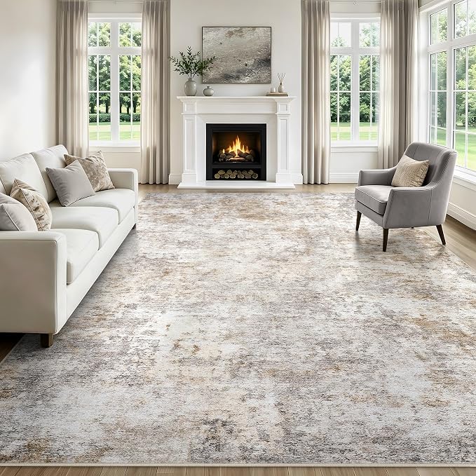8x10 Area Rugs Living Room Rug Modern Abstract Neutral Washable Rugs Non Slip Soft Carpet Large Area Rug Low Pile Stain Resistant Non Shedding for Bedroom Nursery Dining Room Home Office Brown