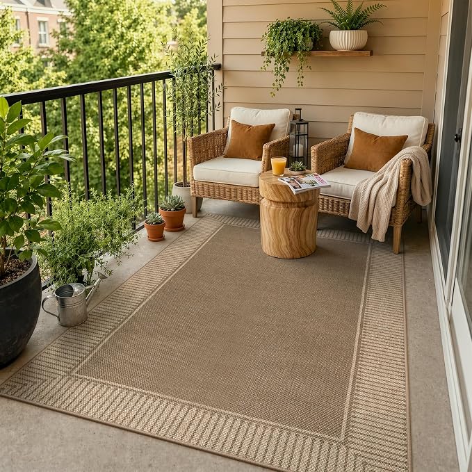 Moynesa Easy Jute Outdoor Rug 4x6, Brown Striped Border Washable Indoor Outdoor Patio Area Rugs, Farmhouse Neutral Non Slip Carpet for Living Room Bedroom Backyard