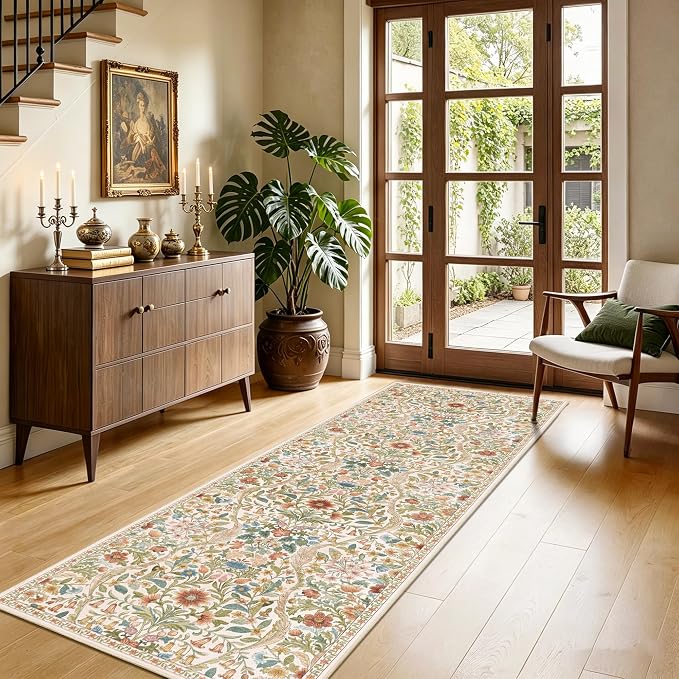 2x6 Washable Runner Rug, Beige Floral Boho Area Rug for Hallway, Low-Pile Non-Slip Stain Resistant Carpet for Kitchen, Bedside, Laundry Room, Entryway