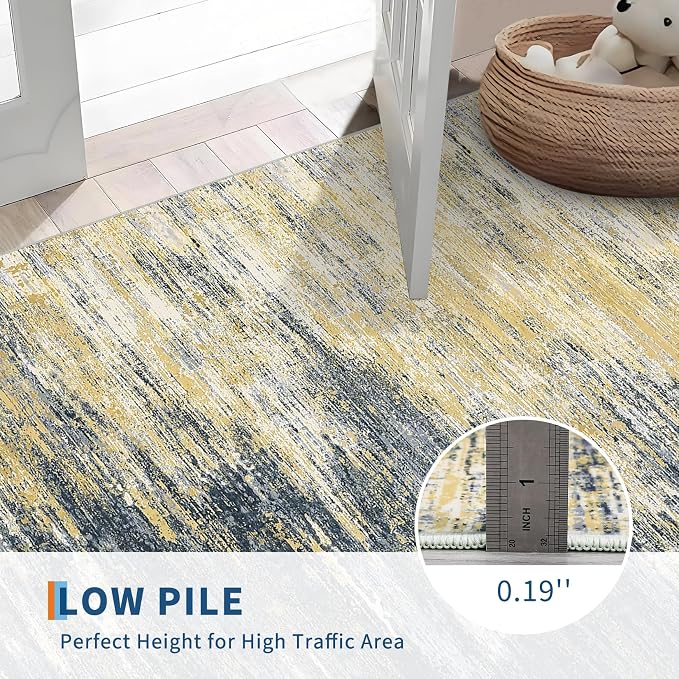 ROYHOME Washable Runner Rug 2x6 Modern Abstract Kitchen Rugs, Non Slip Bathroom Rug, Low Pile Laundry Room Soft Long Carpet for Hallway Bedroom Entryway, Yellow/Black