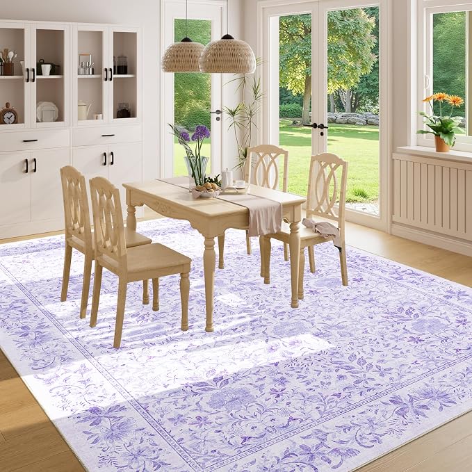 DUKINO 6x9 Area Rug, Vintage Floral Washable Rugs for Living Room, Purple | Non Slip, Low Pile, Non-Shedding, Soft Indoor Large Carpet for Bedroom, Office, Dining Room, Farmhouse, Nursery, Home Decor