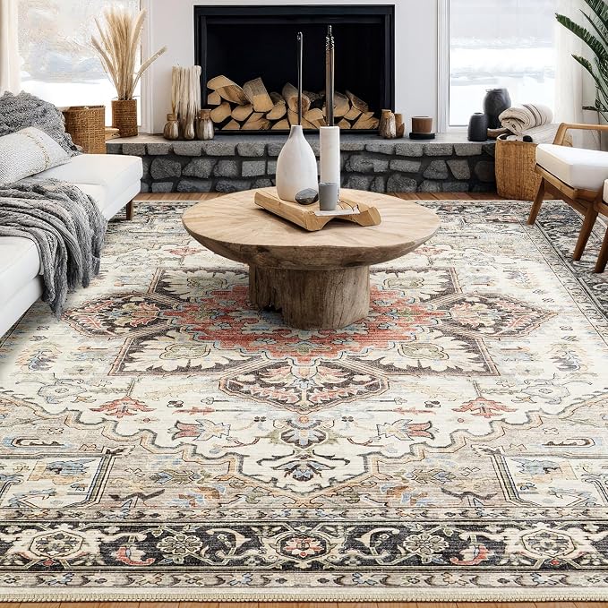 12x15 Area Rugs for Living Room - Large Carpet Ultra Thin Soft Washable Oriental Vintage Floral Distressed Big Indoor Carpets for Bedroom Nursery Dorm Home Decor Aesthetic - Multi Cream