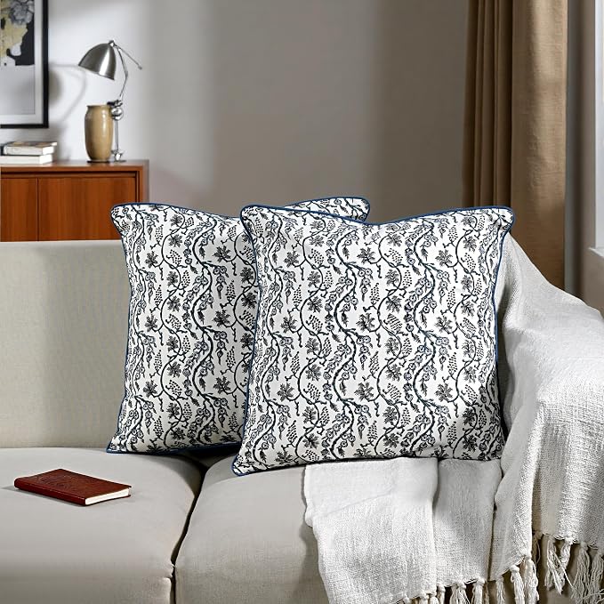 Ridhi Block Print Baby Blue Eyes Pillow Cover 18" x 18" (Pack of 2) Decorative Couch Pillows for Living Room, Farmhouse Chic Boho Cute Outdoor Pillows Covers Gifts for Spring, Mother's Day