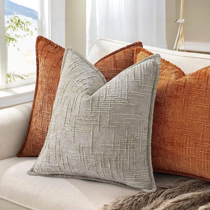 decorUhome Chenille Fall Throw Pillow Covers 24X24 Set of 2, Soft Textured Slubby Modern Decorative Pillow Covers with Elegant Design for Couch, Sofa, Living Room, Burnt Orange
