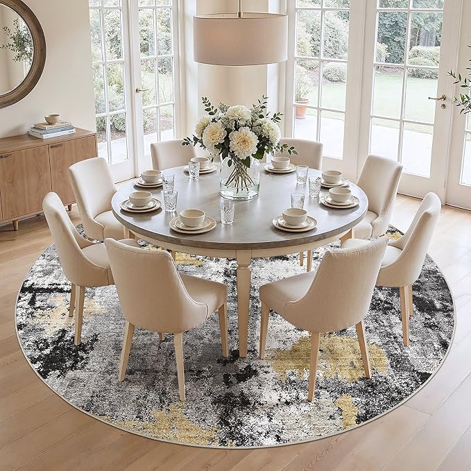 Abstract 10FT Round Rug: Machine Washable Non Slip Ultra Thin Low-Pile Carpet, Soft Stain Resistant for Living Dining Room Bedroom, Kid Pet Friendly, Robot Vacuum Compatible - Black Gold