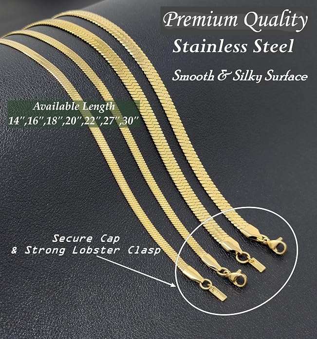 Herringbone Chain 316L Stainless Steel 14,16,18,20,22,24,27,30 inches Necklace for Men and Women in Gold, Silver Tone