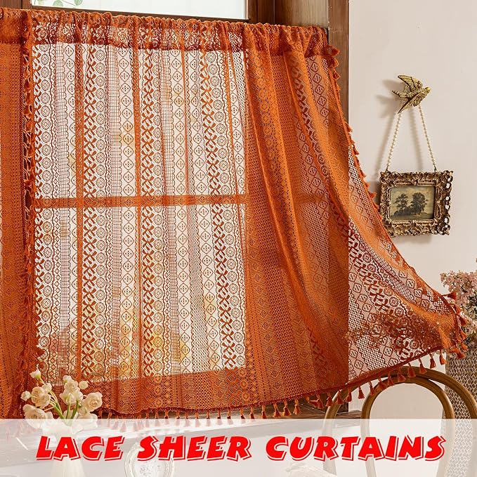 Sutuo Home Terracotta Boho Short Curtains for Kitchen Window Curtains Over Sink, Burnt Orange Crochet Privacy Farmhouse Lace Sheer Vintage Tassels Retro Halloween Rod Pocket,2 Panels 50" W x 18" L