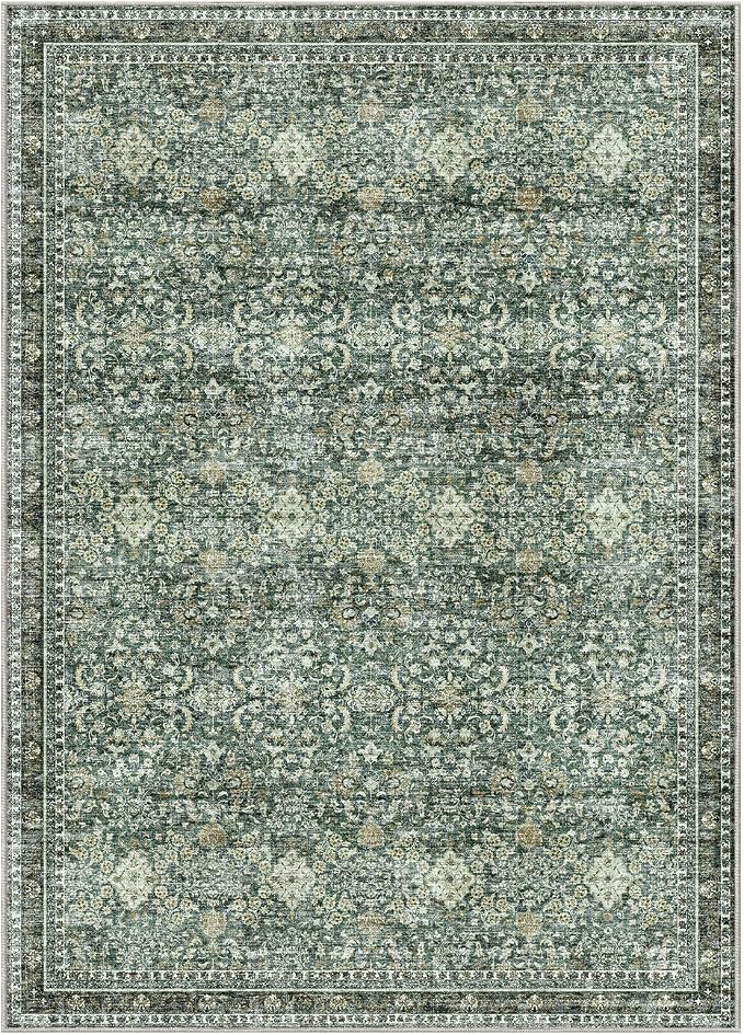 Sasttie 5x7 Area Rugs, Ultra-Soft Washable Rug, Low Pile Foldable Thin Carpets with Non-Slip Backing, Skin-Friendly Stain Resistant Carpet for Living Room, Bedroom, Kitchen, Dorm, 5x7, Dark Green