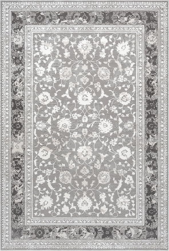 Amber Traditional Floral Area Rug for Living Room, 6x9 Vintage Persian-Inspired Gray Rug, Medium Pile Stain Resistant Carpet for Bedroom, Dining Room or Kitchen (6' x 9', Gray)