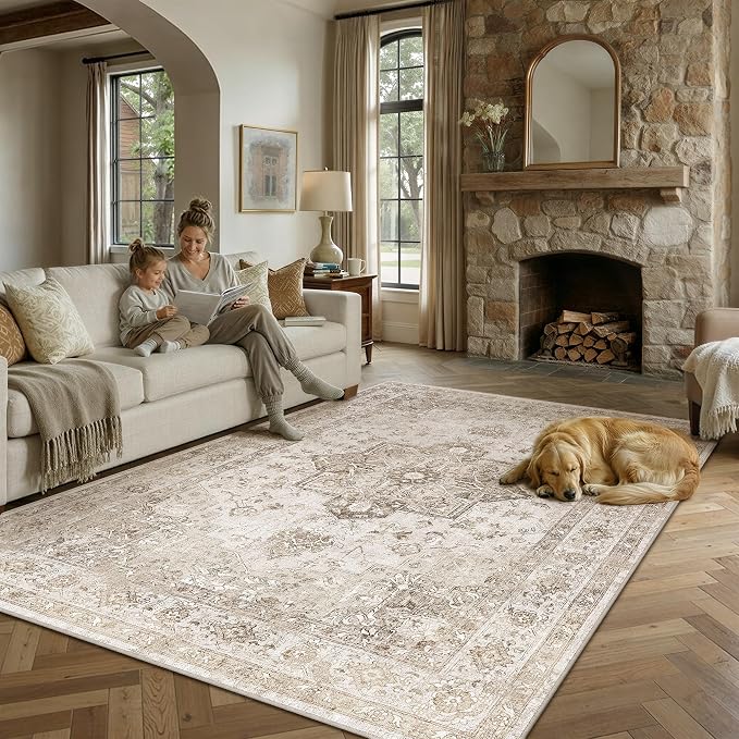 PureCozy Taupe 8x10 Area Rug Washable Vintage Living Room Carpet Non Slip Retro Distressed Low Pile Soft Oriental Medallion Thin Large Throw Rug for Office Bedroom Dining Room Playroom