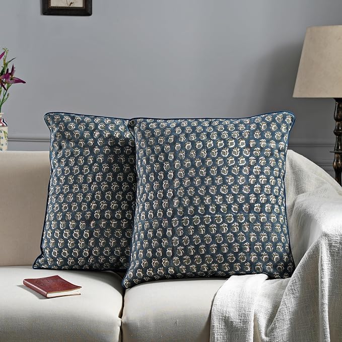 Ridhi Block Print Peacock Blue Pillow Cover 18" x 18" (Pack of 2) Decorative Couch Pillows for Living Room, Farmhouse Chic Boho Cute Outdoor Pillows Covers Gifts for Spring, Mother's Day