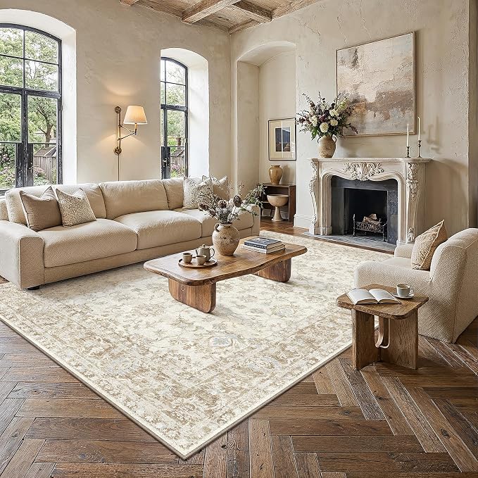 8x10 Washable Neutral Area Rug for Living Room Bedroom Beige Floral Soft Non Slip Rug Low Pile Distressed Carpet for Dining Room Nursery Office Indoor