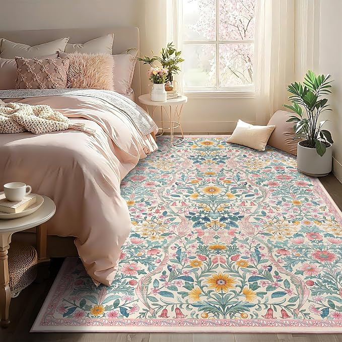 Floral Washable 6x9 Area Rug，Light Pink Boho Rugs for Living Room, Soft Low-Pile Non-Slip Stain Resistant & Non-Shedding Carpet for Girls Bedroom,Dining Room,Office,Entryway,Nursery