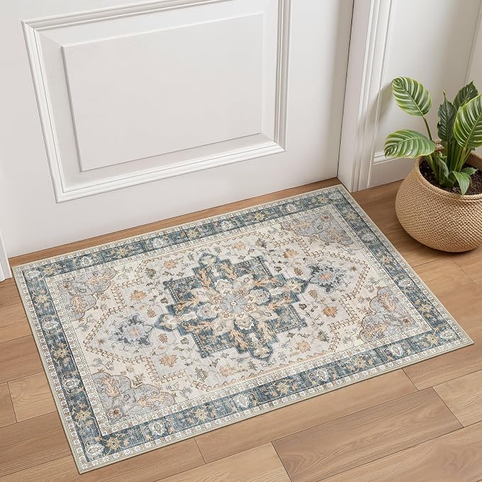 Tortania Area Rug 2x3 Doormat - Washable Vintage Oriental Farmhouse Soft Thin Indoor Carpet for Living Room Bedroom Hallway Entryway Kitchen - TealTaupe