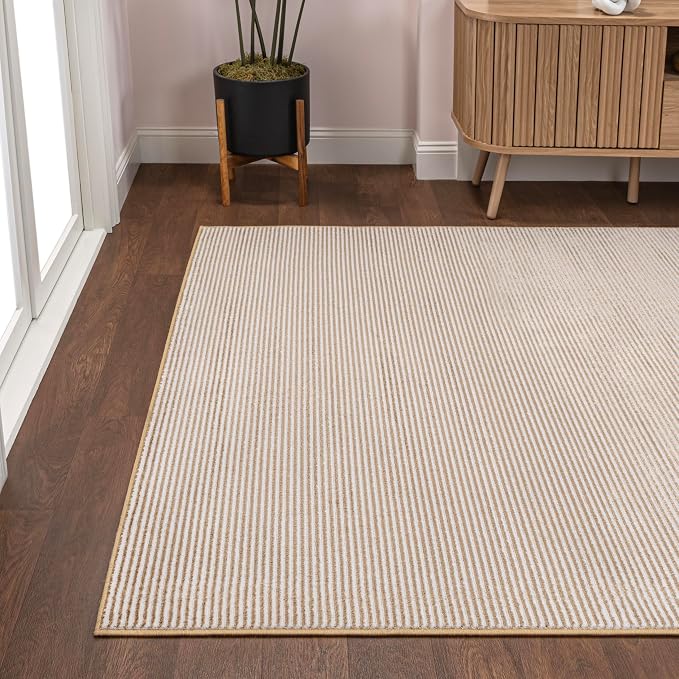 JONATHAN Y Cole Pinstripe High-Low White/Gold Indoor Area Rug, 4x6, Modern, Minimalist, Easy-Cleaning for Living Room, Bedroom, Kitchen, Pet Friendly, Non-Shedding (CAR101D-4)