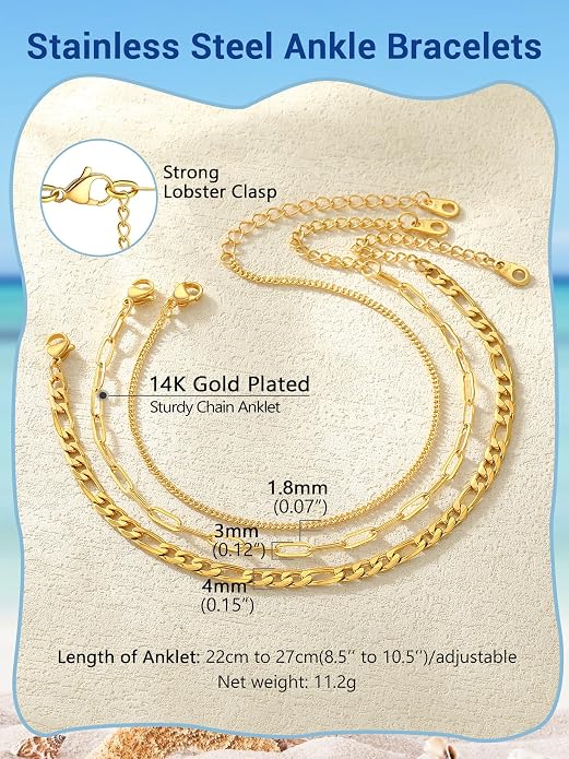 PROSTEEL Gold/Silver Anklets for Women Waterproof, 14K Gold Plated Ankle Bracelet Non Tarnish, Jewelry Gifts Adjustable
