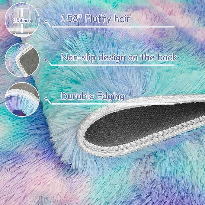 Purple Rainbow Rug for Girls Bedroom Bedside Runner 3x10 Ft, Soft Fluffy Rugs for Kids Room Shag Carpet for Living Room Playroom Nursery Dorm Stitch Bedroom Decor Colorful Kawaii