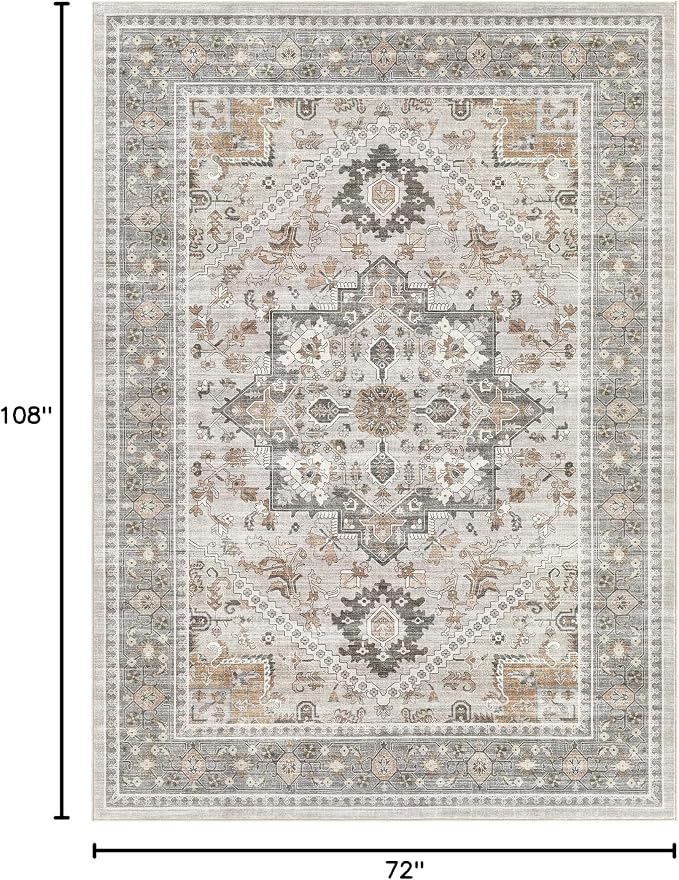 6x9 Vintage Area Rug: Washable Neutral Soft Non Slip Thin Large Floor Carpet for Living Room Bedroom Kitchen Dining Room Home Office Farmhouse Indoor - Taupe