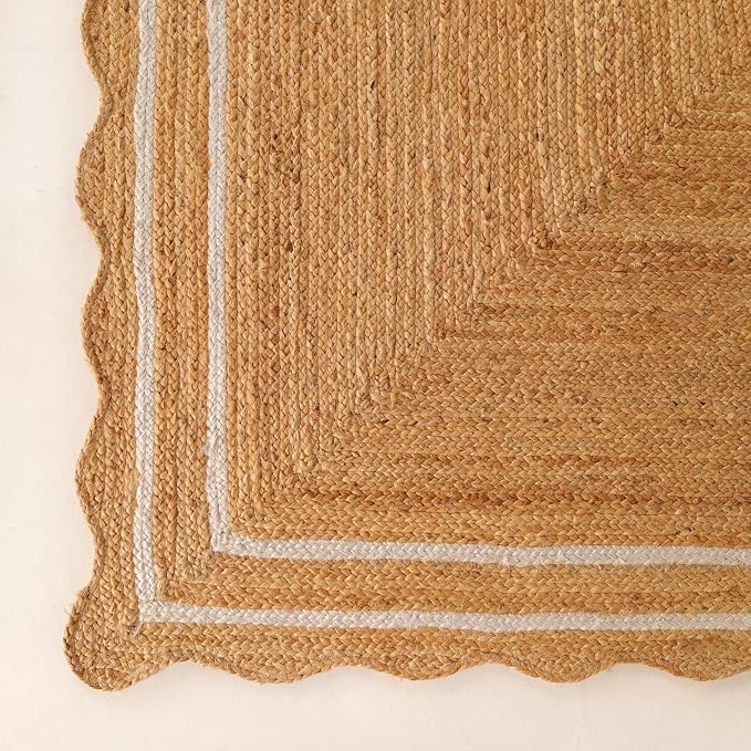 Natural Scalloped Wave Jute Rug Rustic Handwoven Braided Living Room 4x6 ft