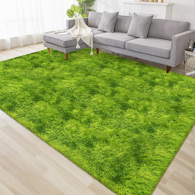 Tie Dyed Grass Green Shag Rug 6x9 Green Fluffy Area Rug Soft Plush Fuzzy Carpet for Living Room Bedroom Dorm Nursery Furry Indoor Floor Rug for Kids Girls Boys Home Decor Aesthetic