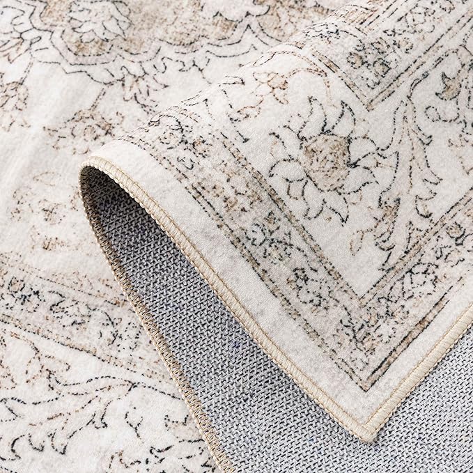 PureCozy Beige Area Rug 3x4 Washable Vintage Carpet Entryway Office Soft Retro Kitchen Low Pile Thin Door Mat Non Slip Oriental Medallion Throw Small Rug for Bathroom Bedroom Dining Living Room