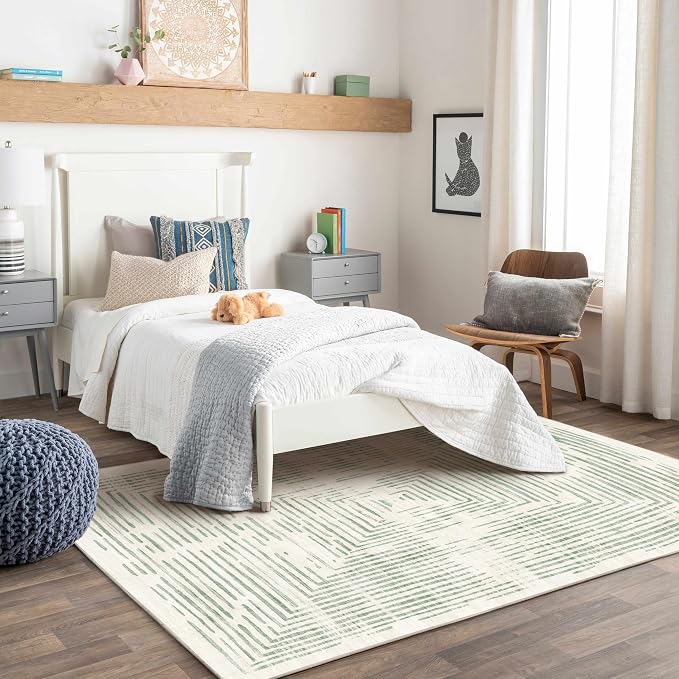 BLISSA Washable 5x7 Area Rugs - Soft Modern Throw Rug for Living Room Non-Slip Ultra-Thin Sage Green Lines Borderd Abstract Carpet for Bedroom Dining Room Rugs for Under Table Nursery Home Decor