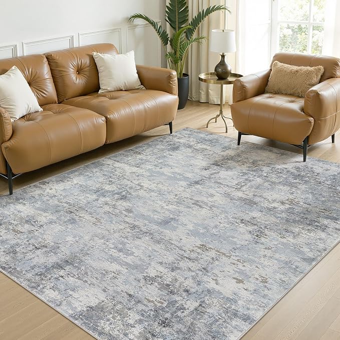 7x9 Area Rug, Non Slip Low Pile Washable Large Rug for Living Room | Soft Modern Abstract Carpet, Stain Resistant Kid & Pet Friendly, Made for Dining Room, Nursery Home Office Indoor - Blue Gray