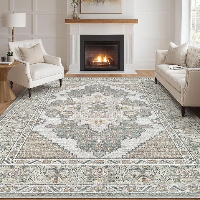Tortania Area Rug Living Room Rugs - 8x10 Washable Boho Rug Vintage Oriental Distressed Farmhouse Large Thin Indoor Carpet for Living Room Bedroom Under Dining Table Home Office - Sage Green
