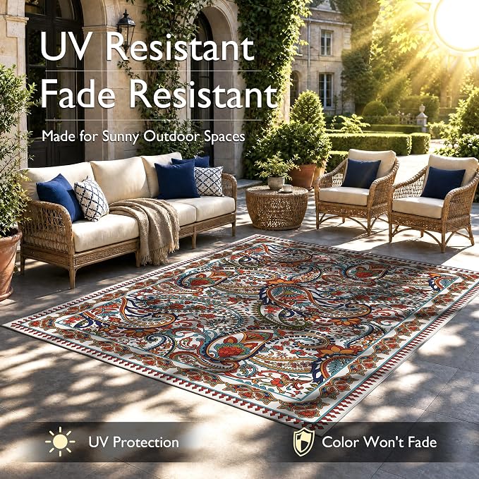 Arenarug Paisley Outdoor Rug Waterproof 6x9, UV Resistant Non Slip Patio Rug, Indoor Outdoor Boho Camping Rug Linen-Look RV Carpet for Deck Balcony Backyard, White Multi