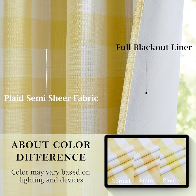 95 Inch Yellow White Buffalo Plaid Full Blackout Curtains | Farmhouse Thermal Insulated Double-Layer Drapes,Rustic Bedroom Living Room Window Treatment,Rod Pocket Back Tabs,40"Wx95"Lx2