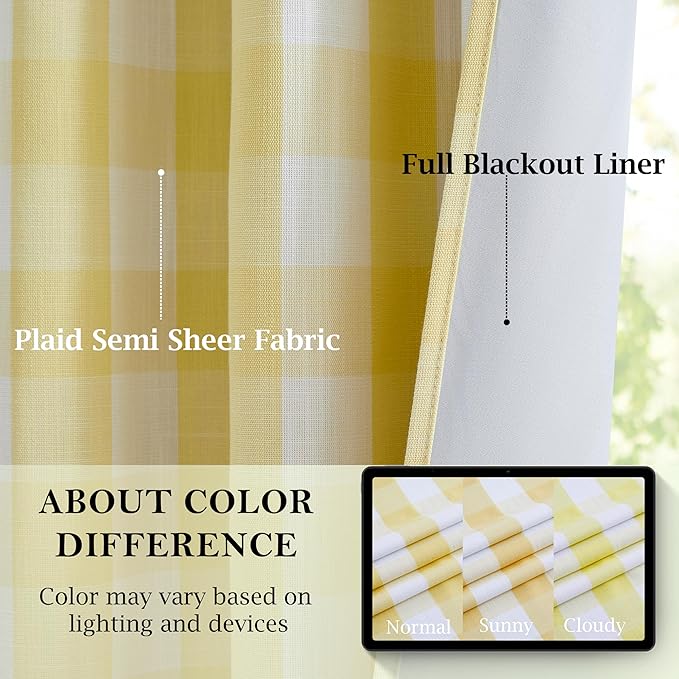 Short Yellow White Buffalo Plaid Blackout Window Curtains 63 Inch | Darkening Thermal Insulated Double-Layer Drapes,Cottage Window Treatment Bedroom Living Room,Rod Pocket Back Tabs,40"Wx63"Lx2