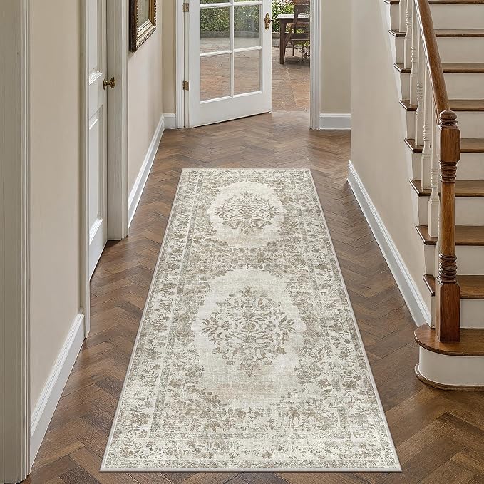 PureCozy 2x6 Runner Rug Beige Washable Hallway Kitchen Bedroom Vintage Distressed Bathroom Non Slip Medallion Floral Carpet Indoor Retro Throw Floor Mat for Office Dining Laundry Living Room