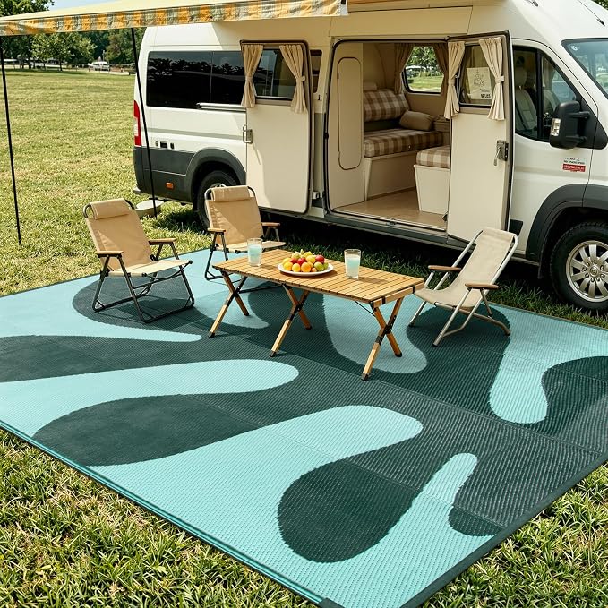 Lahome Coastal Coral 9x12 Outdoor Picnic Pool Rug, Plastic Green Outdoor Rug for Beach Camper, Lightweight Portable Waterproof Outside Camping Carpets for Patio, Green 9'x12'
