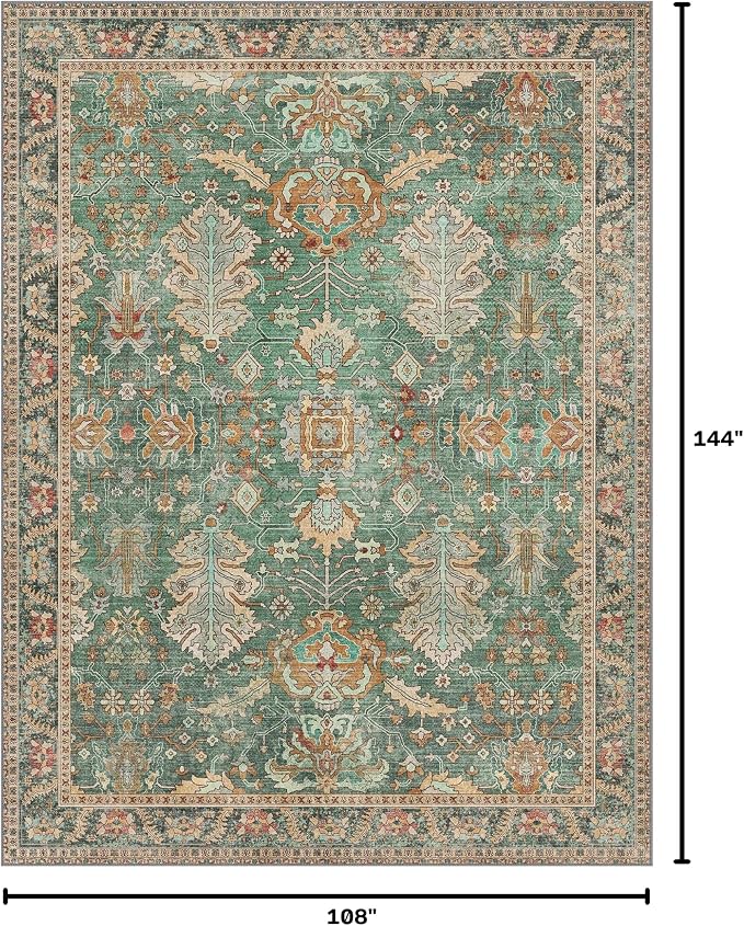 Bavni Washable Rug-9x12 Area Rugs for Bedroom Non-Slip, Ultra Thin Low Pile Living Room Rug, Modern Printed Decorative Rug for Dinning Room Office, Sage/Gold