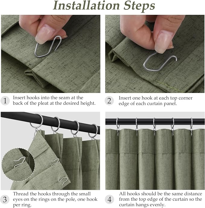Light Sage Linen Pinch Pleated Curtains 90 Inches 2 Panels Set Rod Pocket Back Tab Semi Sheer Modern Farmhouse Drapes Light Filtering Flax Texture Fabric Window Treatments for Bedroom 40x90 Green