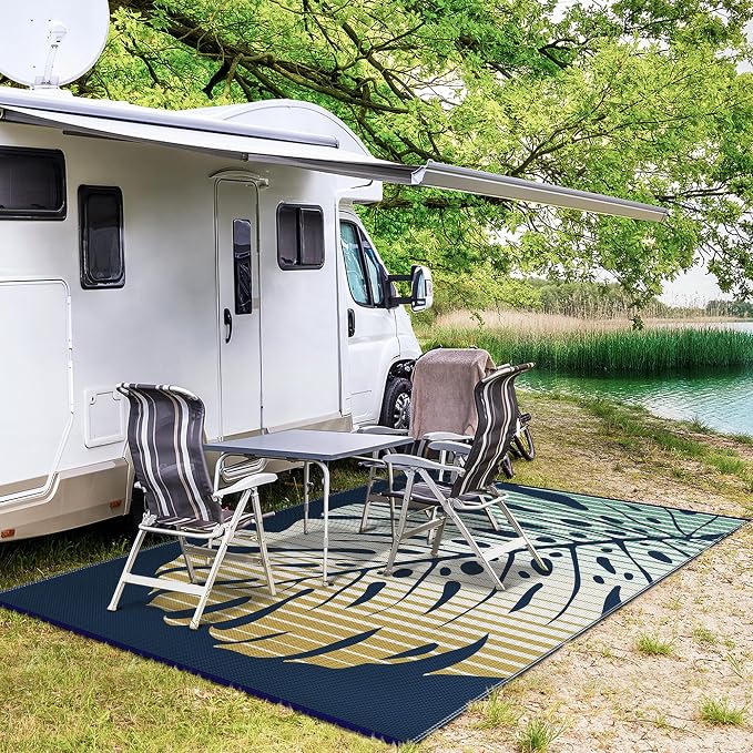 GENIMO Outdoor Rug, Waterproof Plastic Rugs for Patio, 6'x9' Yellow Blue | Outside Larger Leaf Carpet Mat for Porch Decor, Deck, Balcony, Camping, RV, Backyard, Picnic, Beach, Reversible, Foldable