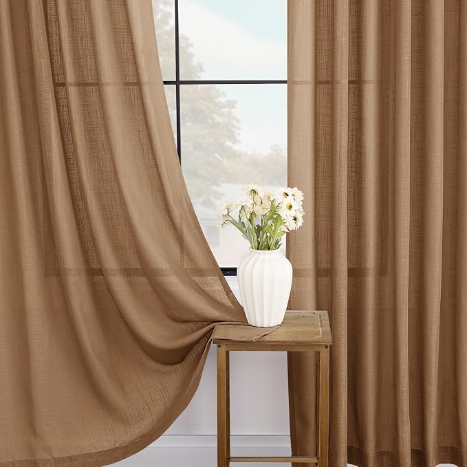 Brown Curtains for Living Room Back Tab Modern Farmhouse Semi Sheer Curtains 132 inches Long 2 Panels Set Muted Neutral Window Curtain for Dining Room Bedroom 52x132