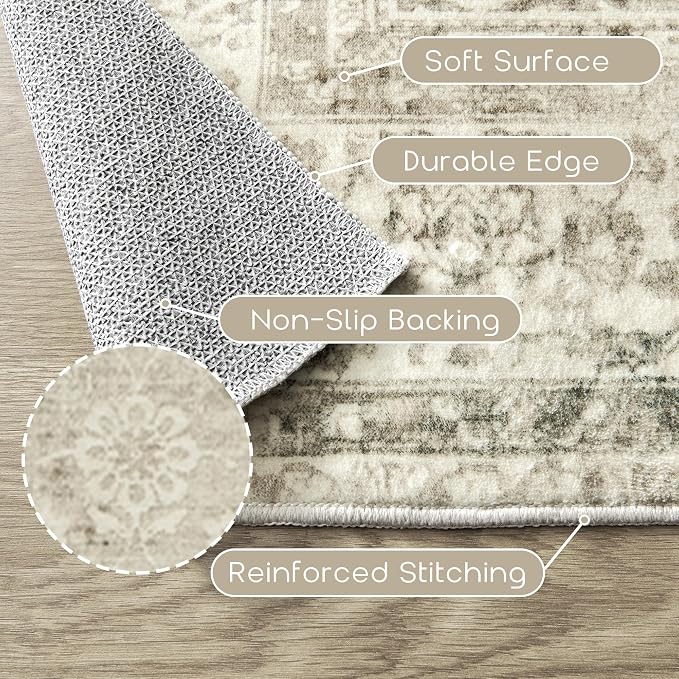 Cream and Light Tan Area Rugs Washable Rug for Living Room Bedroom, Distressed Floral Boho Vintage Style Non Slip Soft Rug Extra Large Carpet for Dining Room 9x12