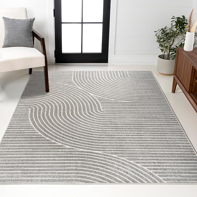 JONATHAN Y Hallie High-Low Curve Gray/Ivory Indoor/Outdoor Area Rug, 4x6, Minimalist, Pet Friendly, Non-Shedding, Stain Resistant, Hose-Washable for Backyard, Patio, Porch (SCN100A-4)