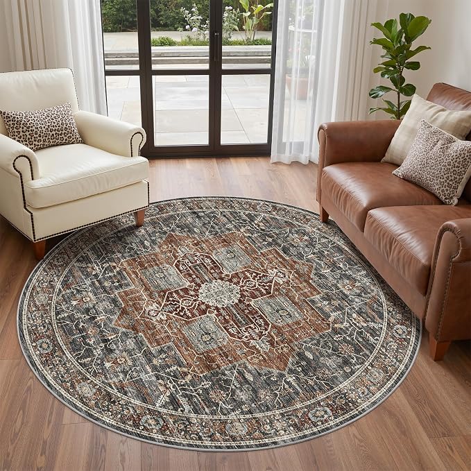 Roxstand 6ft Round Washable Area Rug, Non Slip Rug, Grey/Brown/Tan | 6x6 Low Pile Rug, Stain Resistant, Non-Shedding Surface, Pet & Kid Friendly Circle Rug for Living Room, Bedroom, Dining Room