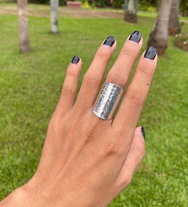 Hammered Shiny Handmade Sterling Silver Large Long Boho Statement Ring, Wide Band Wrap Adjustable to Sizes 6-12,Also as Thumb Ring, Gift for Her