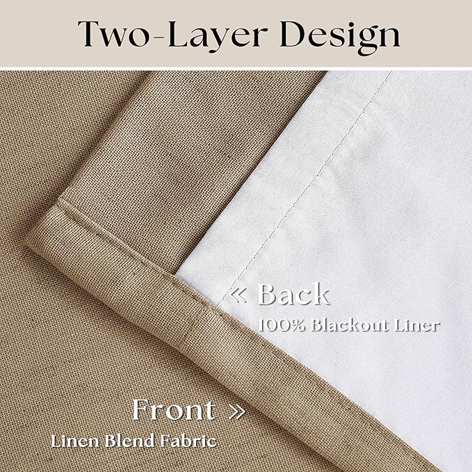 Light Brown Linen Blackout 92 Inch Curtains for Living Room 2 Panels Set | Pinch Pleated Back Tab, Thermal Insulated Full Black Out Curtains, Memory Shape, for Bedroom High Ceiling to Floor, 40x92