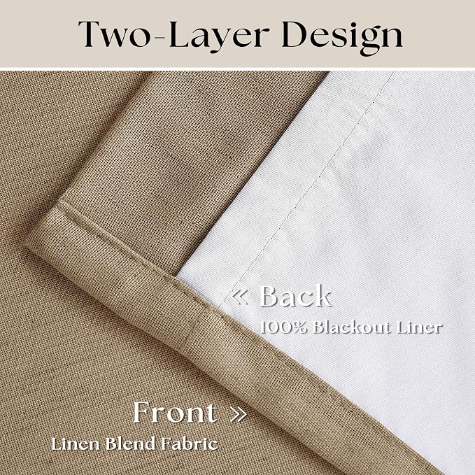 Light Brown Pinch Pleated 100% Blackout Linen Bedroom 96 Inch Curtains | Double Layer Curtains, Pinch Pleat Rings Hooks Back Tab, Black Out Room Darkening, Memory Shape, for Living Room, 2 Panels