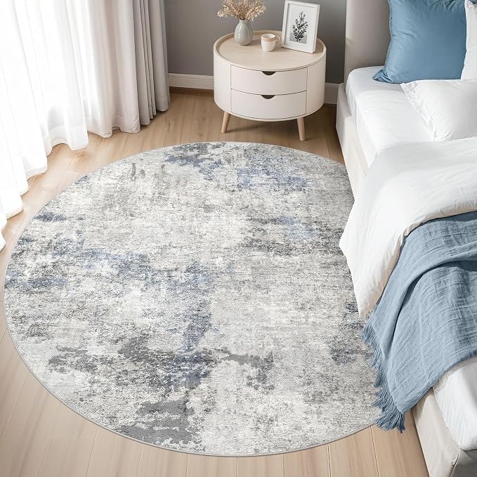 DMOYEST 5ft Round Area Rug for Living Room - 5x5 Washable & Non Slip Circle Rug, Kid & Pet Friendly Soft Low Pile Abstract Carpet for Bedroom and Dining Room - Grey Blue