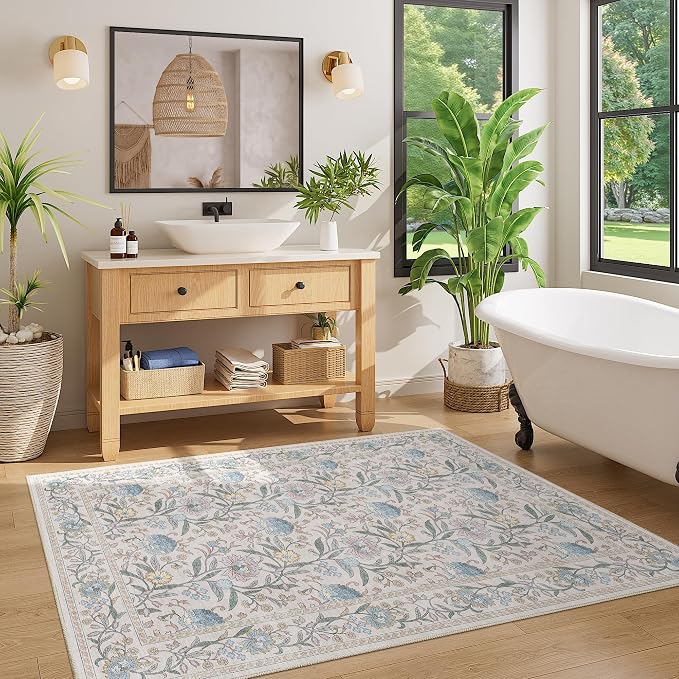 DUKINO 3x5 Rug Washable Vintage Floral Bedroom Area Rug Non Slip Cream Blue | Low Pile, Non-Shedding, Stain Resistant Boho Lightweight Soft Indoor Carpet for Bathroom Office Dining Living Room Farmhouse