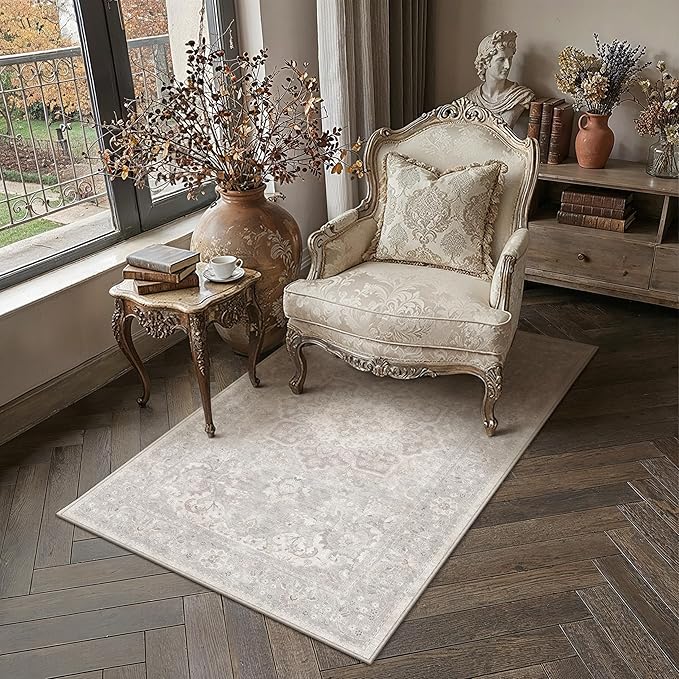 PureCozy 3x5 Washable Small Area Rug Grey Vintage Oriental Medallion | Non Slip, Soft Low Pile, Indoor Carpet for Entryway, Kitchen, Bathroom, Retro Decor